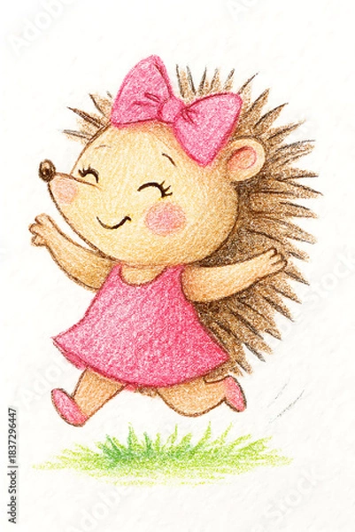 Fototapeta Adorable Hand-Drawn Hedgehog Cartoon Character Running in a Pink Dress with a Cute Bow — A Joyful, Playful