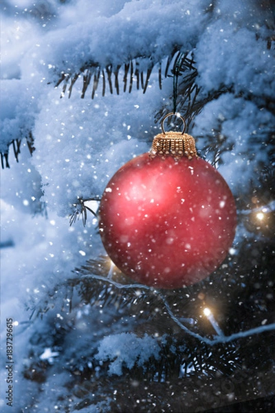 Obraz Rote Weihnachtskugel an einem Tannenzweig