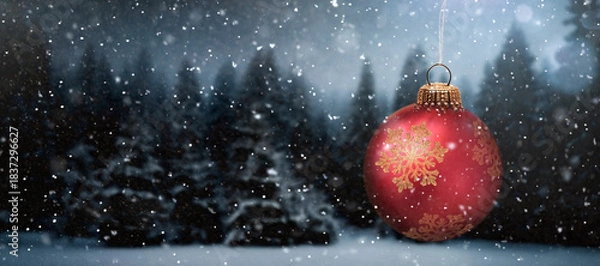 Obraz Rote Weihnachtskugel an einem Tannenzweig