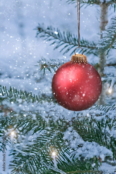 Obraz Rote Weihnachtskugel an einem Tannenzweig