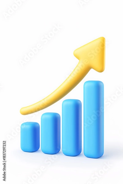 Fototapeta 3D Cartoon Bar Chart with Upward Arrow — Blue and Yellow Business Growth Icon Symbolizing Progress, Success
