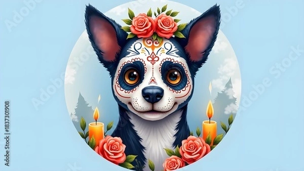 Obraz Watercolor of Dog Skull with Bone Patterns in Día de los Muertos Style