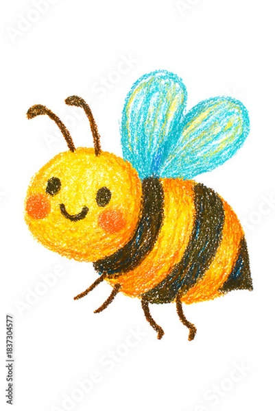 Fototapeta Adorable Hand-Drawn Honeybee Cartoon Character — Cute Yellow-and-Black Insect with Wings, Smiling, Happy, Friendly and Playful in a Childlike Crayon and Colored-Pencil Doodle Style