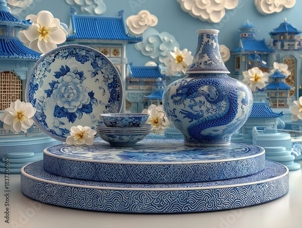 Fototapeta Ultra High Definition 3D Render of Chinese Blue and White Porcelain Art Scene with Dragon and Cloud Patterns