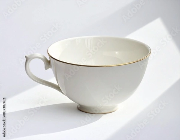 Fototapeta Porcelain Teacup with Gold Rim on Minimalist White Surface Under Diagonal Light