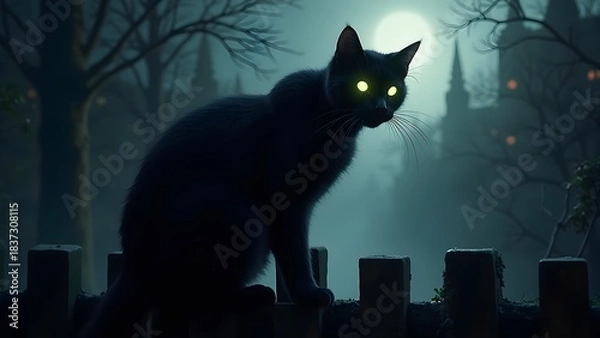 Obraz Mysterious Black Cat Silhouette with Glowing Eyes on Fence