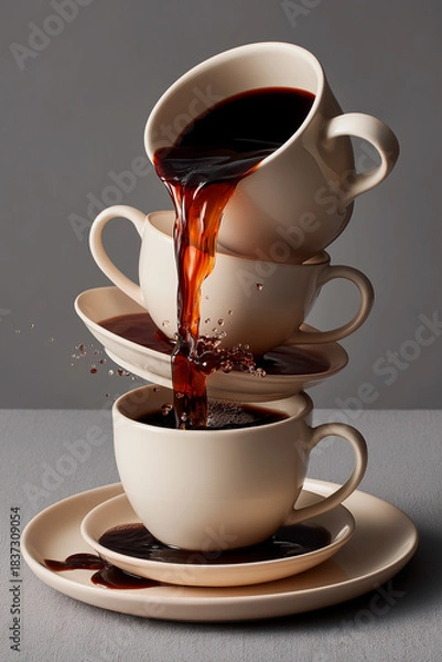 Fototapeta Super slow motion macro of hot creamy aromatic close up coffee drop is splashing in white mug before being served to customer at cafe or bar