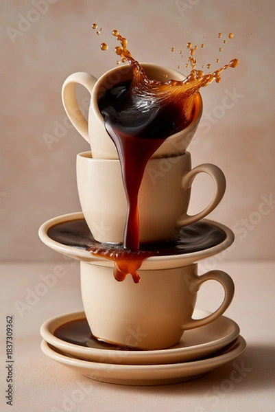 Fototapeta Super slow motion macro of hot creamy aromatic close up coffee drop is splashing in white mug before being served to customer at cafe or bar