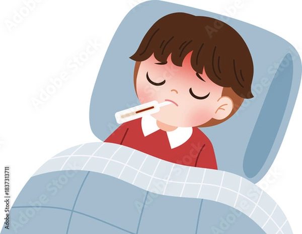 Obraz sick kid having fever using thermometer 