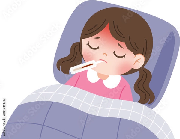 Obraz sick kid having fever using thermometer 