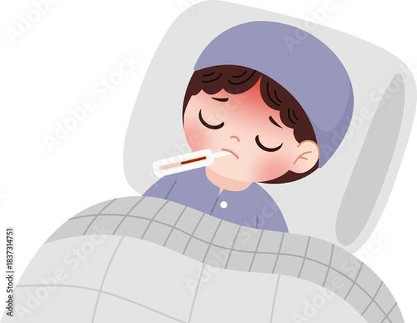 Obraz sick kid having fever using thermometer 