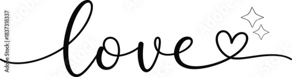 Fototapeta Minimalist black and white cursive lettering of the word Love vector, featuring an intertwined outline heart symbol and decorative hand-drawn sparkles, perfect for wedding decor and greeting cards.