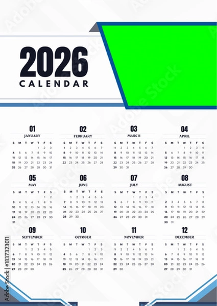 Fototapeta Clean 2026 year wall calendar with green screen for customizable content placeholder