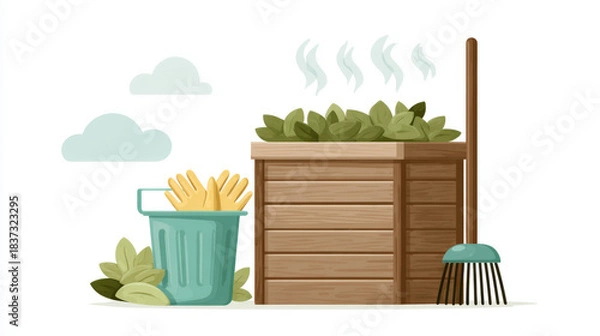 Obraz Eco-friendly composting scene with wooden compost bin and gardening tools
