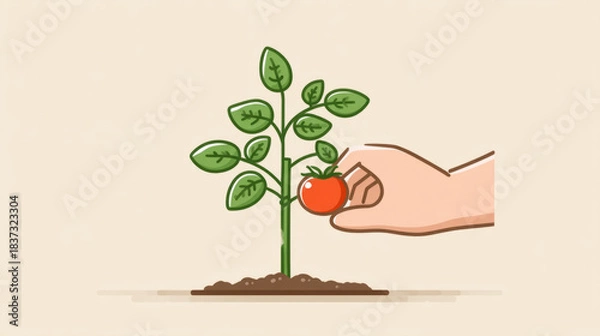 Obraz Minimalist illustration of hands tying tomato plant in garden setting for botanical design