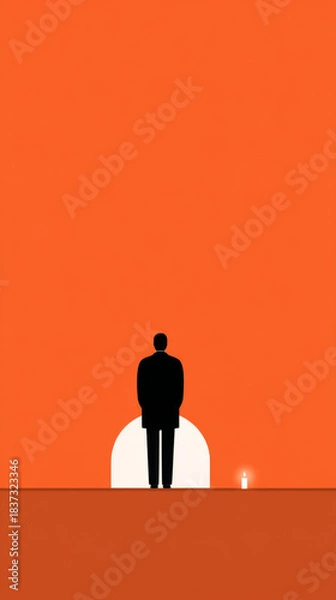 Obraz Silhouette of person in prayer with candle on bright orange background