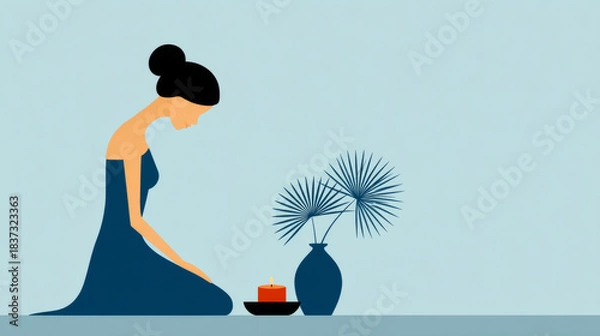 Obraz Elegant silhouette of girl meditating by candlelight with minimalist decor