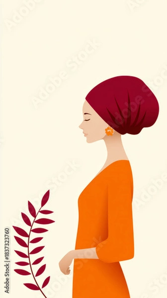 Obraz Elegant woman in traditional turban with botanical accent against soft background