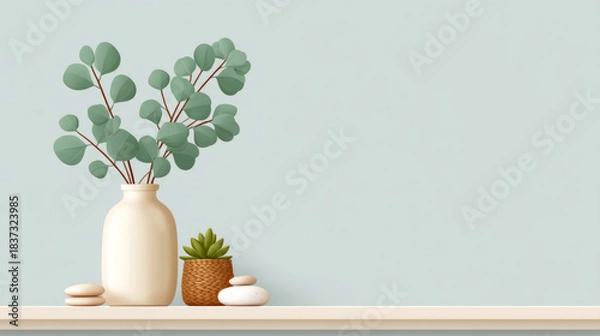 Obraz Tranquil wellness scene with eucalyptus and succulent arrangement for relaxation spaces