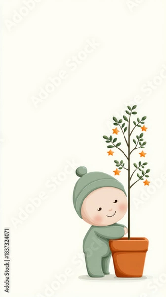 Obraz Cute baby in green outfit hugging decorated pine tree in pot for holiday cheer