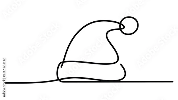 Fototapeta minimalist one line drawing of a santa claus hat with fluffy pom pom, simple continuous line christmas illustration for festive holiday decor design