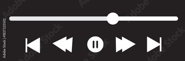 Fototapeta Music or video play bar icon. Modern UI Design Element for Music App Design with Pause, Play, Skip, Favorite, Queue Buttons. Music or video play bar icon on black .