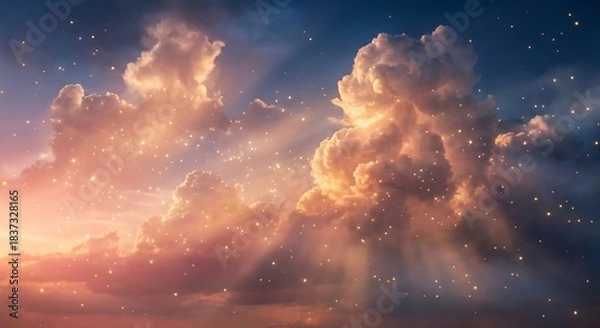 Fototapeta Stunning ethereal sunset clouds filled with magical golden sparkles creating a dreamlike sky background