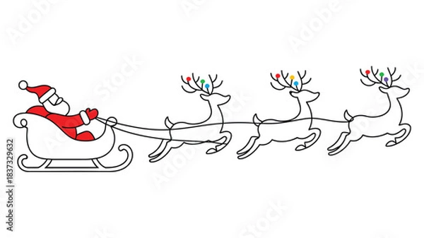 Fototapeta minimalist continuous line art of santa claus riding sleigh with reindeer, festive christmas holiday illustration for cards, posters, prints, and decorations