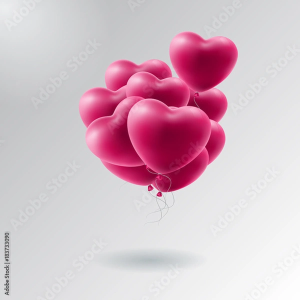 Fototapeta Beautiful vector holiday illustration of flying bunch of pink balloon hearts. Happy Valentines Day