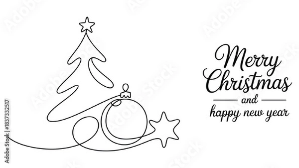 Fototapeta minimalist continuous line art christmas tree with ornaments and star, elegant holiday greeting design featuring merry christmas and happy new year text