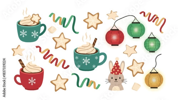 Fototapeta Festive Delight: A collection of festive elements featuring steaming mugs, star-shaped cookies, lanterns, ribbons, and a charming bunny, evoking a sense of warmth and celebration. 