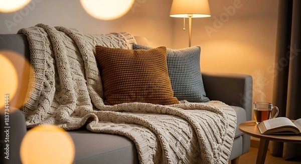 Fototapeta Cozy living room scene with a sofa, blanket, pillows, side table, book, and warm lighting effect