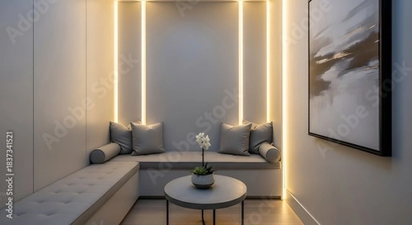Fototapeta Interior nook with bench seating, pillows, round table, flower, and vertical led lighting elements