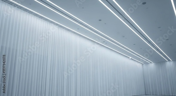 Fototapeta Interior view of a modern room with white curtains and linear lighting on the ceiling design space