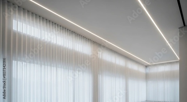 Fototapeta Interior view of a room featuring sheer white curtains and modern recessed ceiling lighting design element