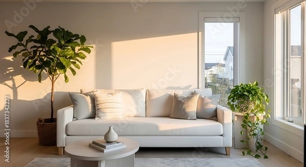 Fototapeta Bright living room with white sofa, fiddle leaf fig, and sunlight streaming through the window panes