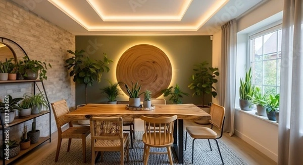 Fototapeta A dining room with a wooden table surrounded by chairs and plants with a circular wall decoration