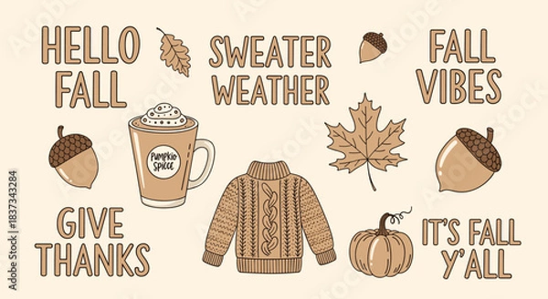 Obraz Hello Fall Autumn Season Elements and Typography Set