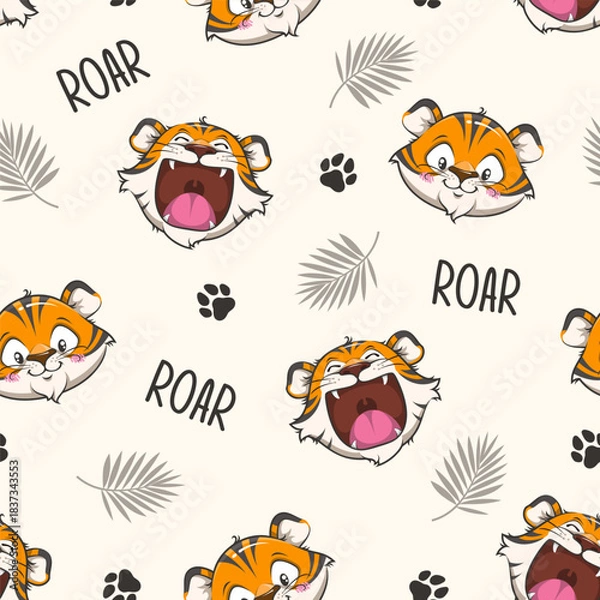 Obraz Seamless Pattern With Cute Tiger Open Mouth, Roar, Vector Cartoon Illustration