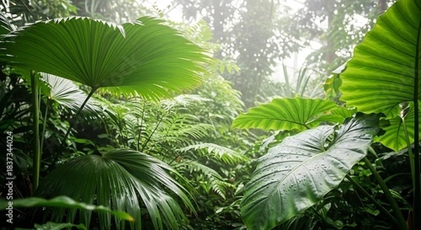 Fototapeta Lush tropical foliage featuring large green leaves and ferns in a misty forest environment scene view
