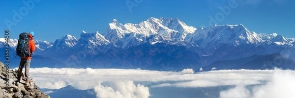 Fototapeta mount Kangchenjunga 8586 m with moon from Eastern Nepal