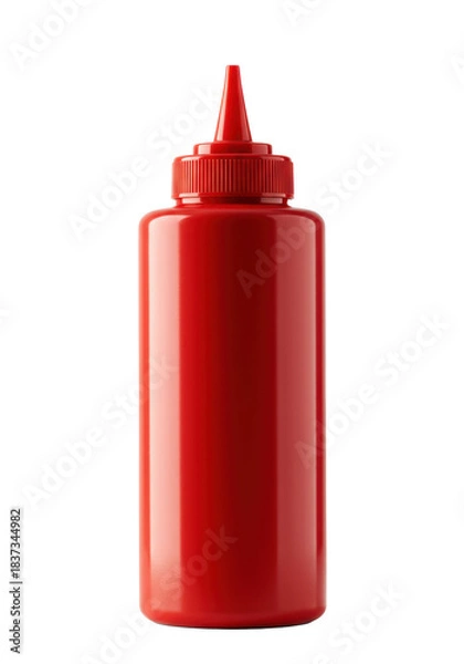 Fototapeta A glossy fire-engine red plastic squeeze bottle for ketchup or chili isolated on a white background with dramatic lighting. Concept for food packaging and branding