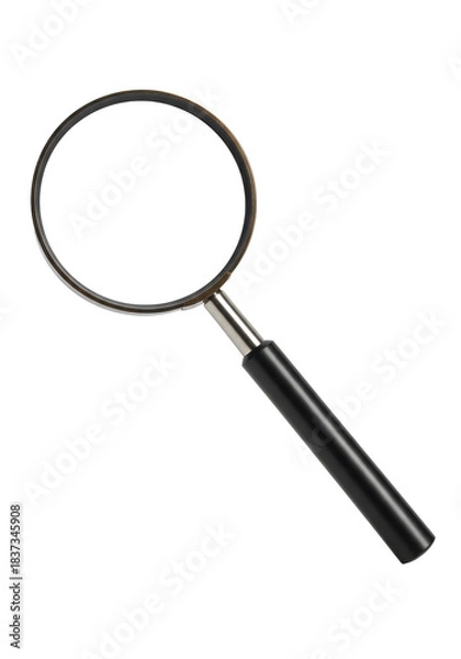 Fototapeta Classic magnifying glass with a bronze frame and black handle isolated on a transparent studio background. Concept of precision and detailed investigation.