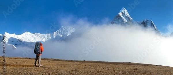 Fototapeta Mount Ama Dablam and hiker climber or tourist, way to Mt Everest base camp, Khumbu valley, Sagarmatha national park, Everest area, Nepal Himalaya mountain