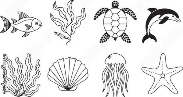 Obraz Ocean creatures and plants outline icon set, marine wildlife