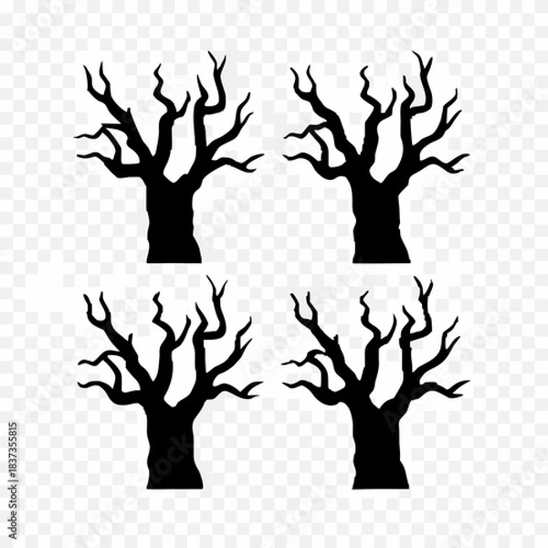 Fototapeta Four identical spooky black bare tree silhouettes with gnarled, twisted branches, graphic vector illustration.