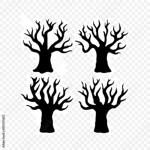Fototapeta Set of four black bare tree silhouettes featuring gnarled, twisted branches and spooky, organic shapes.