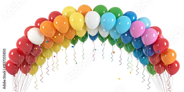 Fototapeta Vibrant, glossy rainbow balloon arch with smooth, reflective surfaces and colorful streamers, forming a festive celebration display.