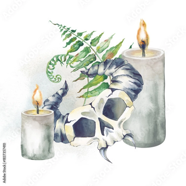 Fototapeta A mystical composition with a creepy horned skull, green ferns and lighted candles. Watercolor illustration on an isolated background. Realistic clipart for Halloween and scary fairy tales.