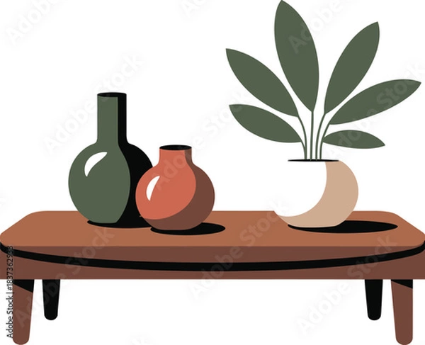 Fototapeta Minimalist home decor: stylish table with vases and potted plant